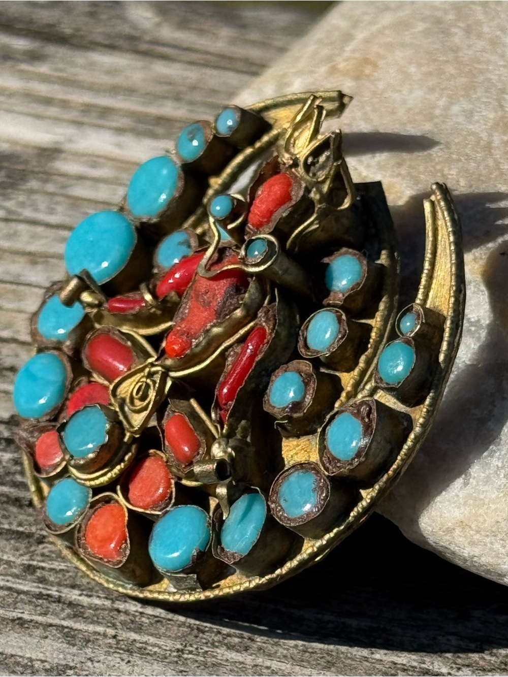 Very RARE Antique Vintage Tibetan Handcrafted Red and Turquoise Buddhist Brooch